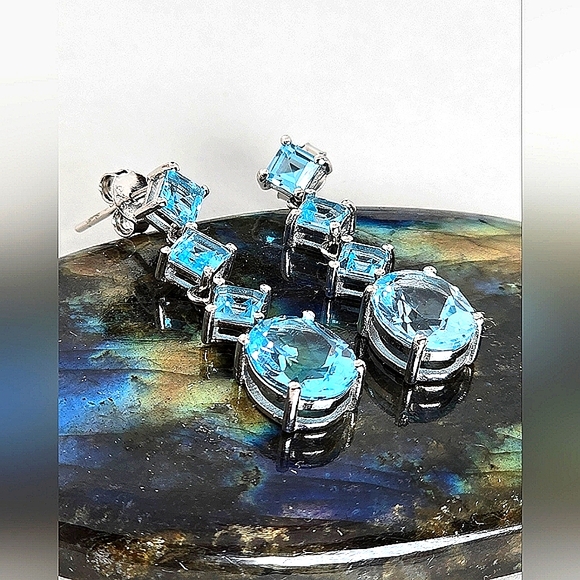 Natural Sky Blue Topaz 925 Sterling Silver Earrings - Picture 5 of 7